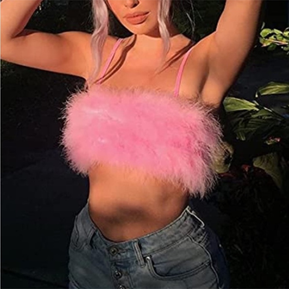 Pink feather spaghetti strap crop top